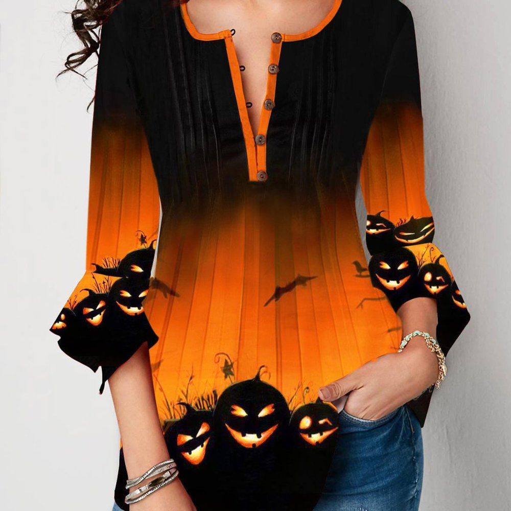 Flare Cuff Halloween Pumpkin Print  Front Blouse
